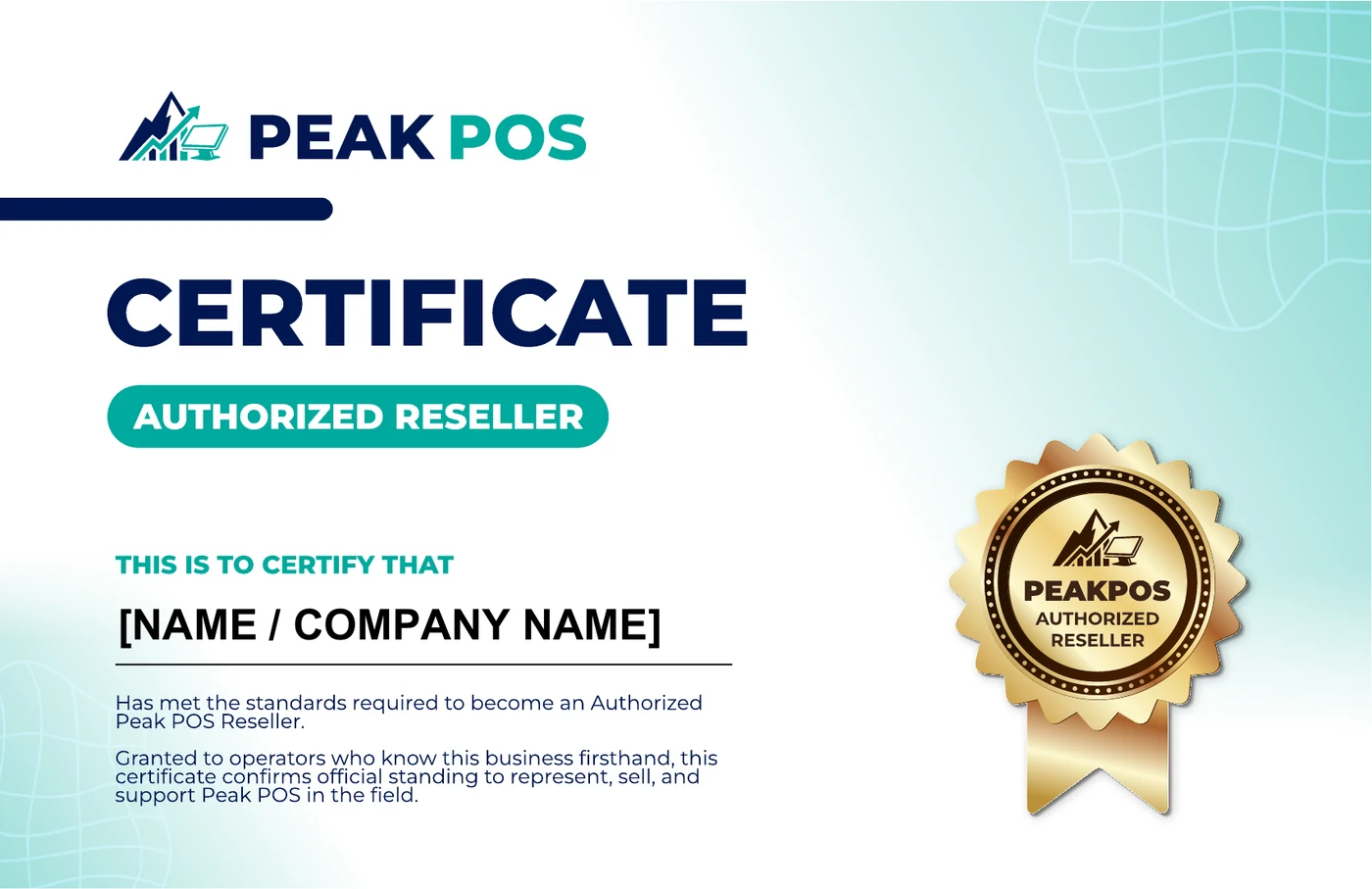 PeakPOS Authorized Reseller certificate awarded to certified agents